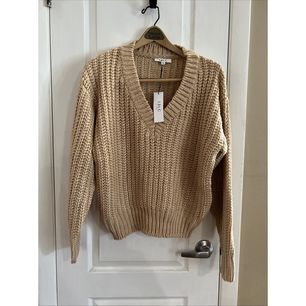The Label Luxury Sweater Pullover Chunky Knit Tan V Neck Oversized XS NWT $170